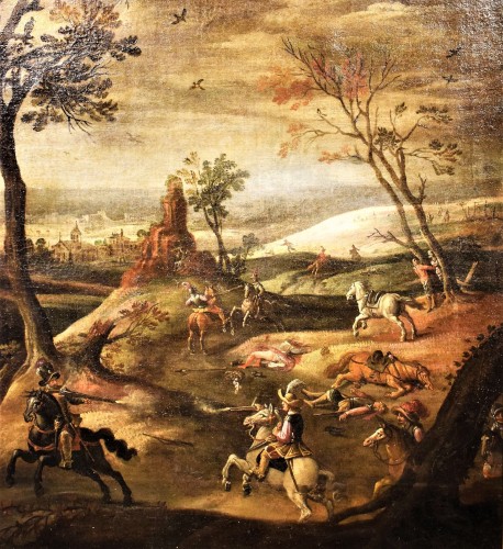 Assault on the village with clash between knights, 17th c. Flemish master - 